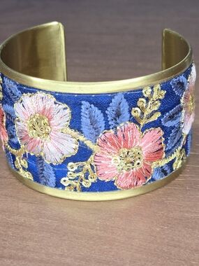Embroidered Floral Cuff Bracelet in Blue and Pink